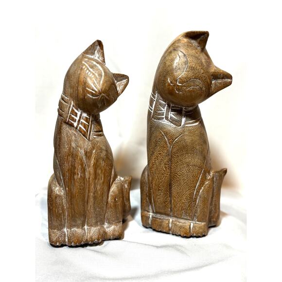 Two Natural Wood Carved Cats Kittens Siamese Figures statue Mid Century eclectic - Picture 1 of 12